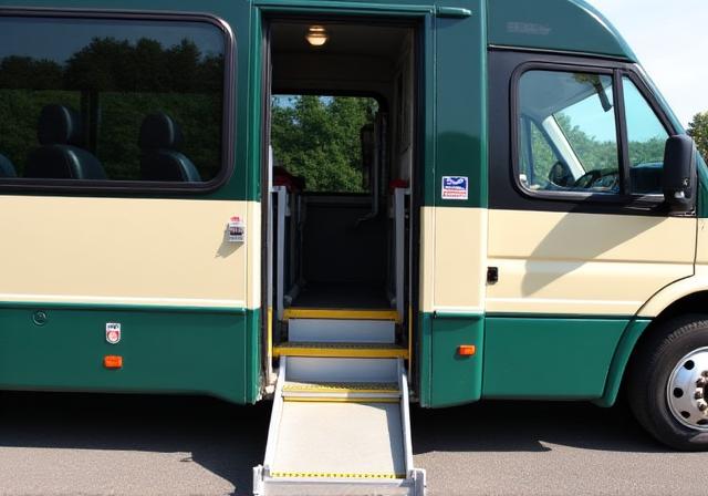 Exterior of a CeltPath bus with a wheelchair accessibility lift deployed
