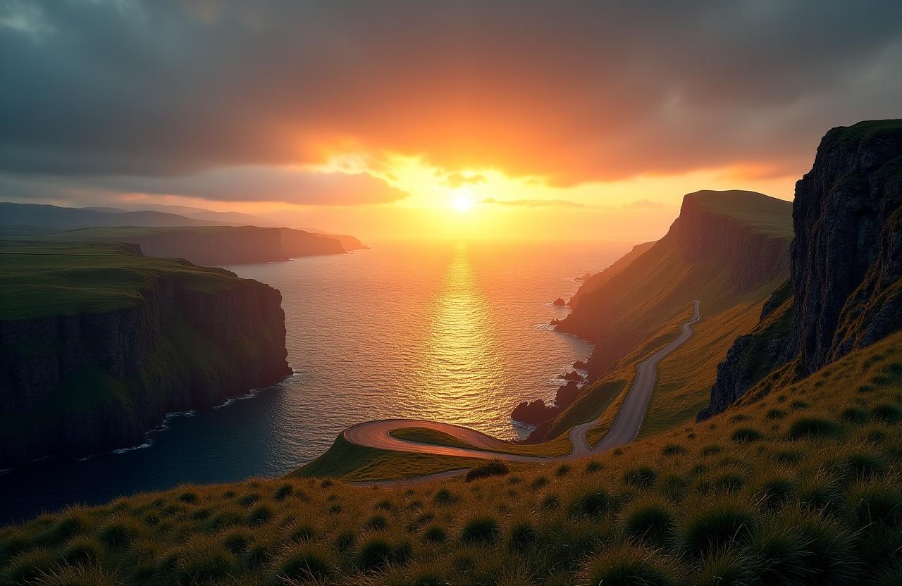 Dramatic view of the Irish coastline at sunset with a winding road